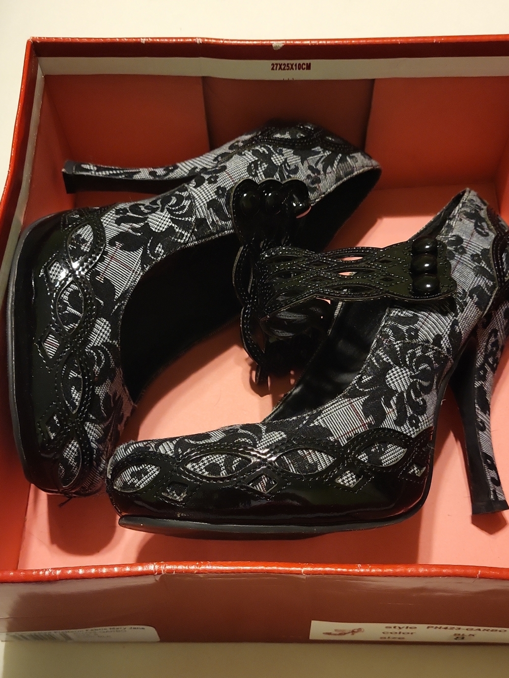 Black Lace Embroidered Stiletto Heels with Ankle Strap
